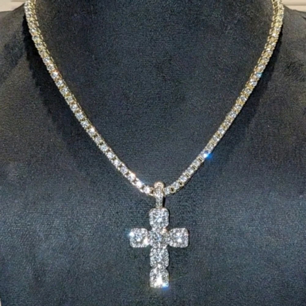 14k Yellow Gold Plated Lab Created Diamond Cross Pendant Tennis Necklace